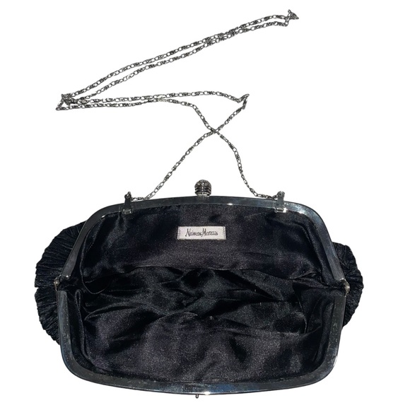 NEIMAN MARCUS Vintage Ruched Silk Black Clutch Bag Silver Frame with Crystals - Picture 10 of 15